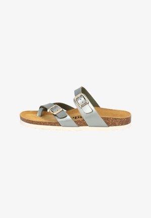 To-strap sandal med en glat lysegrå læderoverdel, korkfodens fodseng, justerbare metalliske spænder og en hvid gummisål.