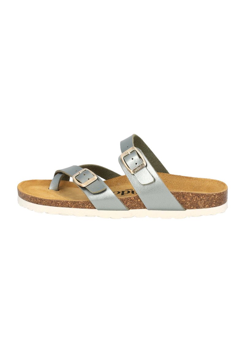 Sandal con due cinghie caratterizzato da una tomaia in morbida pelle grigia chiara, un plantare in sughero, fibbie metalliche regolabili e suola in gomma bianca.