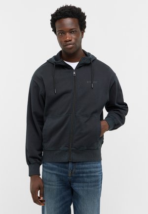 Dunkelgrauer Reißverschluss-Hoodie mit Kapuze und Kordelzug, Kängurutaschen und gesticktem Logo. Hergestellt aus einem weichen, strukturierten Stoff mit gerippten Bündchen.