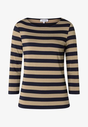 Gestreiftes Langarmshirt in Beige und Marineblau, mit weitem Rundhalsausschnitt und taillierter Silhouette. Weicher Stoff mit gleichmäßigen horizontalen Streifen.