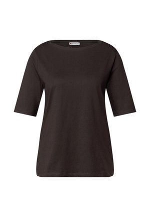 Svart kortärmad t-shirt i mjukt material, med en vid halsringning och en avslappnad passform utan synliga mönster eller detaljer.