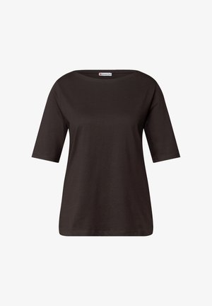 Zwart T-shirt met korte mouwen van zachte stof, met een brede halslijn en een relaxte pasvorm zonder zichtbare patronen of accenten.