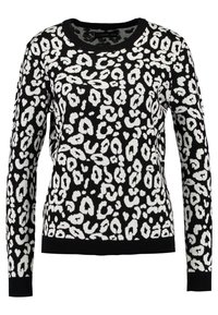 Zwarte trui met een witte luipaardprint. Heeft een ronde of crewneck en lange mouwen, vervaardigd van een gestructureerde brei stof.