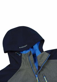 Hooded jacket featuring a mix of gray and navy fabric, with blue lining and zippers. Includes adjustable hood and zippered pockets.