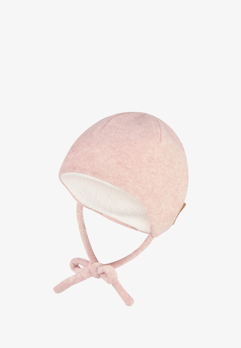 Soft pink baby winter hat with white fleece lining and tied chin straps, designed for warmth and comfort.
