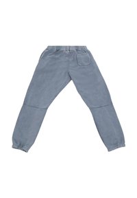Pantalon de jogging gris avec une taille élastique, texture douce, jambes fuselées et une poche à l'arrière côté droit.