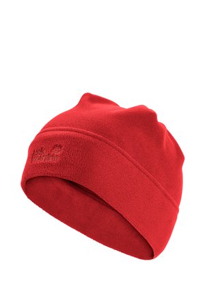 Rote Fleece-Mütze mit auf der Vorderseite gesticktem Jack Wolfskin-Logo, für Wärme und Komfort bei kaltem Wetter entwickelt.
