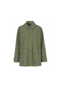 Chaqueta verde oliva de algodón, con cuello, dos bolsillos en el pecho y dos bolsillos inferiores con cierres a presión, de corte ligeramente holgado.