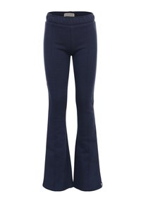 Marineblauwe flared broek met een elastische tailleband en verticale naaddetails, ontworpen voor casual of comfortabele draagstijl.