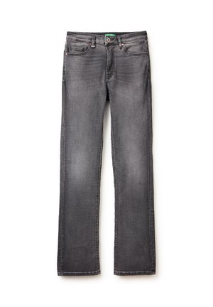 Jeans in denim grigio con un design a gamba dritta, stile cinque tasche e un leggero sbiadimento. Completati con una chiusura a bottone e cuciture a contrasto.