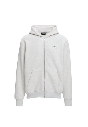 Ljusgrå dragkedjetröja i mjukt material, med huva, framfickor, ribbade ärmslut och en liten logotyp på bröstet.