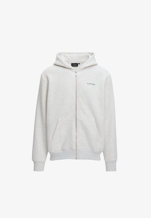 Lys grå hættejakke med lynlås lavet af blødt stof, med hætte, forlommer, ribbet manchetter og et lille logo på brystet.