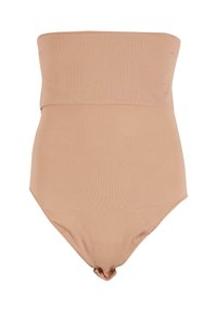 Nackter strapless Bodysuit mit hoher Taille und glatter Textur. Verfügt über ein nahtloses Design und einen dezenten gerippten Stoff.