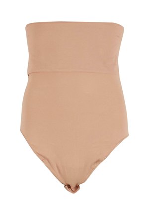 Nude spalvotas bodysuit'as be petnešėlių, aukštu juosmeniu ir lygiu paviršiumi. turi bešiūlę struktūrą ir subtilią briaunotą medžiagą visame paviršiuje.