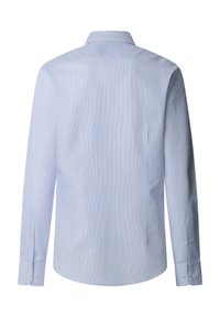 Chemise habillée à manches longues pour hommes en bleu clair avec fines rayures verticales, poignets à boutons et col classique, vue de dos.