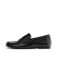 Schwarze Lederloafers mit einer glatten Oberfläche, runder Spitze und dekorativen gestickten Details an der Vorderseite. Mit einem unkomplizierten Slip-On-Design und niedrigem Absatz.