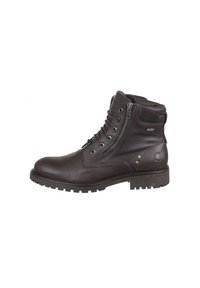 Botas de tobillo de cuero marrón con un frente de cordones, cierre de cremallera, acentos texturizados y una suela robusta para mayor durabilidad.