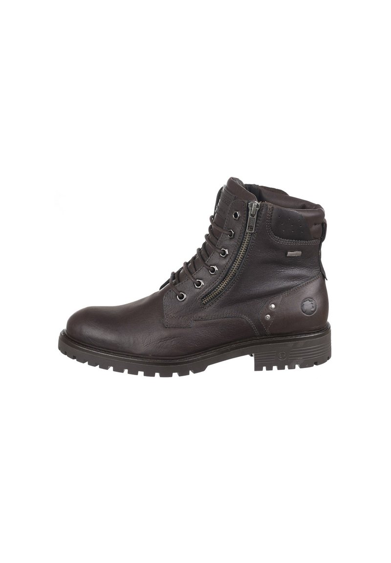 Botas de tobillo de cuero marrón con un frente de cordones, cierre de cremallera, acentos texturizados y una suela robusta para mayor durabilidad.