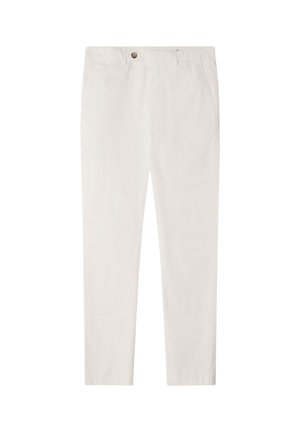 Beige Chinos aus Baumwolle mit geradem Bein, ausgestattet mit einem vorderen Knopfverschluss, Seitentaschen und einer glatten Oberfläche.
