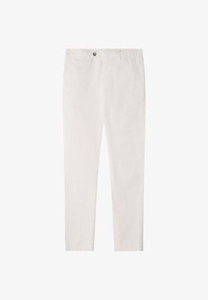 Pantaloni chinos beige in cotone con design a gamba dritta, dotati di chiusura frontale con bottoni, tasche laterali e una texture liscia.