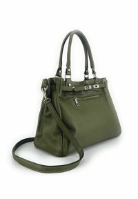 Sac à main en cuir vert olive avec double poignées, une bandoulière amovible, une poche zippée à l'avant et des accessoires en métal argenté.