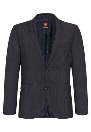 Dunkelgrauer Blazer aus strukturiertem Stoff. Einreihig mit zwei Knöpfen, Reverskragen und Brusttasche. Mit Muster aus der Markeninnenseite gefüttert.