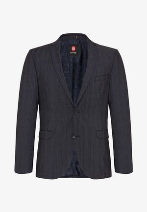 Donkergrijze blazer van textuurstof. Effen uitvoering met twee knopen, notch lapels en een borstzak. Gevoerd met een merkteken patroon.