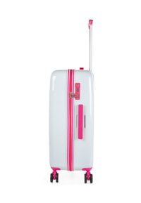 Maleta blanca de hard-shell con acentos rosas, doble cremallera, un asa lateral y un asa plateada retráctil en la parte superior. Cuatro ruedas negras.