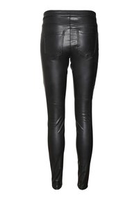 Zwarte faux leren skinny broek met een hoge tailleband, voorzien van twee achterzakken en een gladde, glanzende textuur.