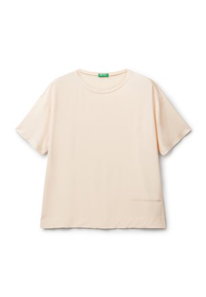 Lichtbeige t-shirt met korte mouwen, ronde hals, zachte stof, relaxte pasvorm, met subtiele bedrukking van het merklogo langs de onderzoom.