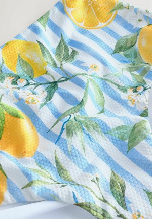Patterned fabric with lemon and floral designs on a blue and white striped background, featuring a textured, honeycomb weave.