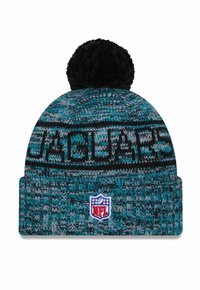 Berretto lavorato a maglia in teal e nero con pompon, testo "JAGUARS" e patch del logo NFL. Texture accogliente con design a motivi in tutta la superficie.