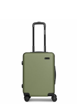 Valigia rigida compatta verde oliva con manico telescopico nero e quattro ruote girevoli nere, vista frontale.