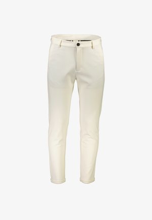 Schmale, weiße Stoffhosen mit Gürtelschlaufen, Knopfverschluss und umgeschlagenen Säumen. Glatte Textur mit minimalen Nähdetails.