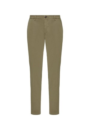 Olive green, slim-fit chinos made from cotton with a smooth texture. Features a button closure and two front pockets.