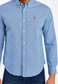 Camisa de cuadros azul y blanca con mangas largas, cuello abotonado y dobladillo redondeado; cuenta con un pequeño logo rojo en el pecho.