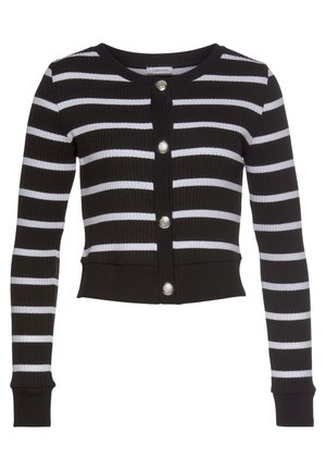 Zwart geribd gebreid vest met horizontale witte strepen, lange mouwen, zilveren ronde knopen aan de voorkant en een ronde halslijn.