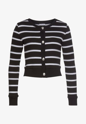 Zwart geribd gebreid vest met horizontale witte strepen, lange mouwen, zilveren ronde knopen aan de voorkant en een ronde halslijn.