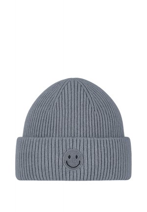 Gray ribbed knit beanie with folded cuff featuring a small embroidered black smiley face on the front center.