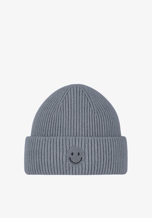 Gray ribbed knit beanie with folded cuff featuring a small embroidered black smiley face on the front center.