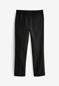 Zwarte broek met een elastische tailleband, recht model, gladde textuur en een enkele achterzak. Minimalistische stijl zonder patronen.