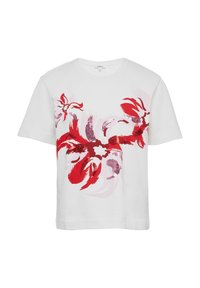 Weißes Baumwoll-T-Shirt mit einem roten und pinken Blumendesign, verziert mit Pailletten. Lockere Passform und kurze Ärmel. Weicher Stoff und lässiger Stil.