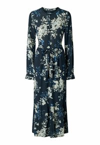 Robe longue à manches longues à fleurs, de couleur marine, avec une taille ajustée et une ceinture à nouer. Présente des fleurs bleu clair et crème, des poignets volantés et un ourlet à volants.