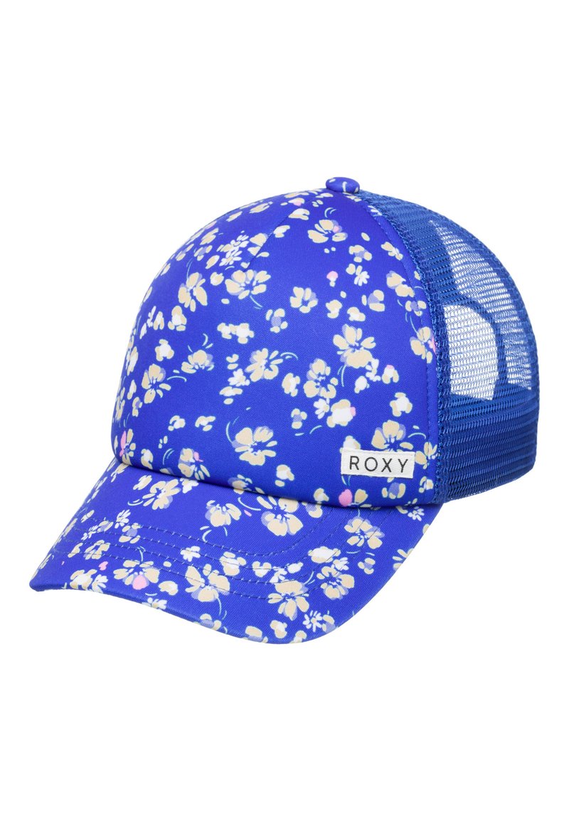 Blå kasket med blomsterdesign og solid blå mesh-bagside samt buet skygge. Har et mærke på siden med "ROXY" tekst.
