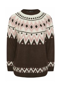 Suéter marrón con un patrón, de cuello redondo. Presenta un diseño geométrico en rosa, blanco y marrón oscuro a lo largo del pecho y las mangas.