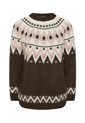 Maglione marrone con un motivo a pattern e collo rotondo. Presenta un design geometrico in rosa, bianco e marrone scuro sul petto e sulle maniche.