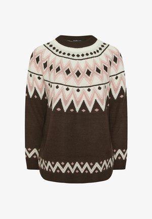 Maglione marrone con un motivo a pattern e collo rotondo. Presenta un design geometrico in rosa, bianco e marrone scuro sul petto e sulle maniche.