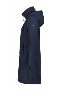 Cappotto impermeabile lungo di colore blu navy, con cappuccio, chiusura frontale con zip e tasche laterali. Presenta cordini regolabili e polsini a scatto.