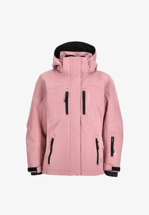 Giacca impermeabile rosa con colletto alto e rivestimento interno nero. Presenta varie tasche con cerniera e un design elegante e moderno.