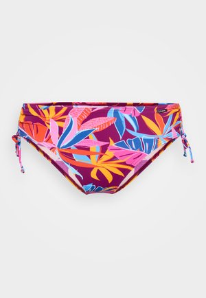 Bikini-bunn i livlig lilla med tropisk bladmønster i rosa, blått og oransje. Har justerbare sidesnorer for tilpasning.
